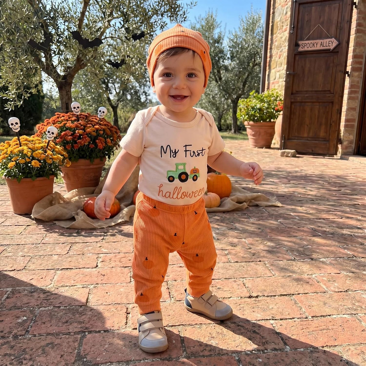 My First Halloween pumpkin patch outfit with romper, pants and hat, view 3