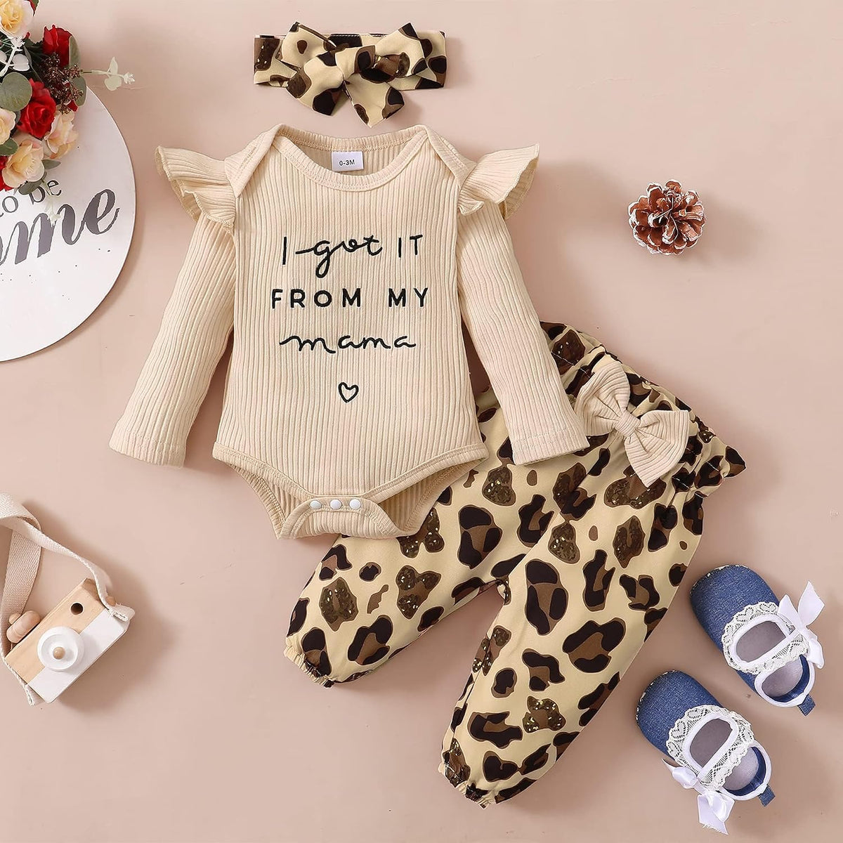 Baby girl floral fall and winter three-piece outfit set, view 4