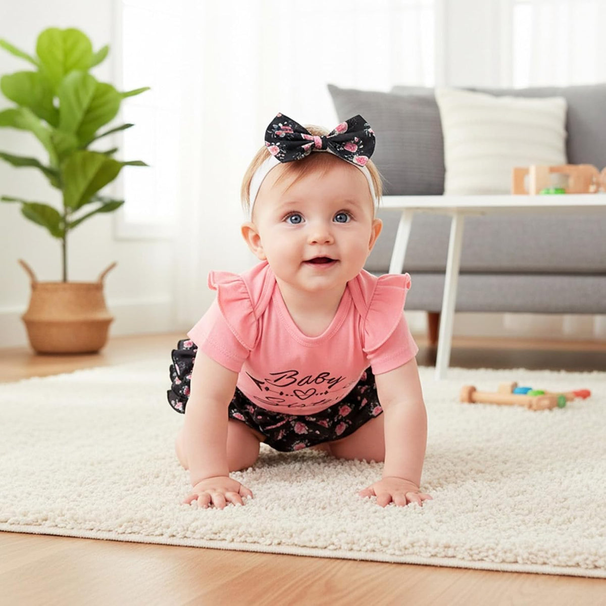 Baby girl summer romper and shorts three-piece set, view 3