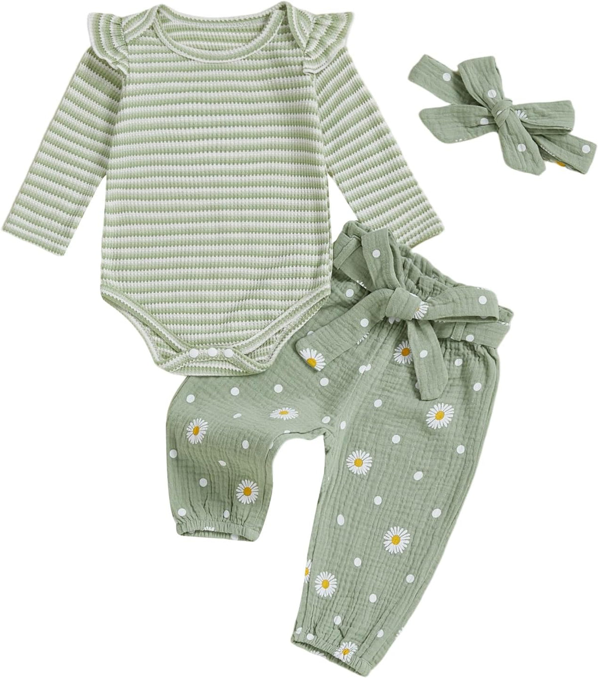 Rib knit baby romper with daisy pants and headband