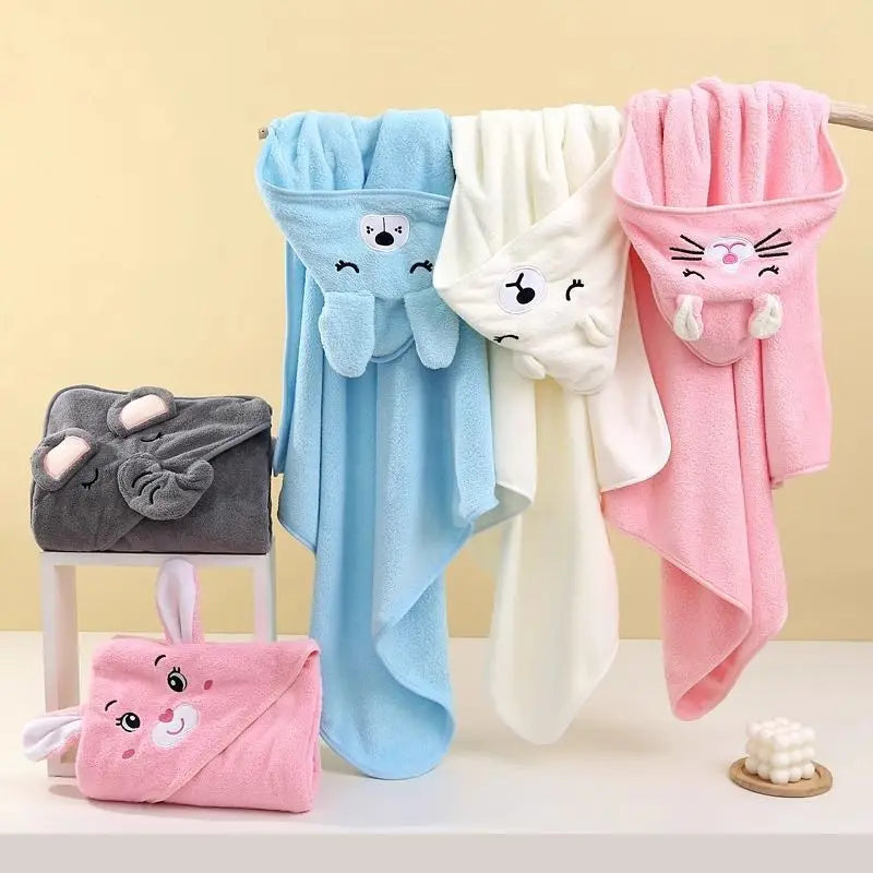 Hooded baby bath towel with cartoon animal hood, view 3
