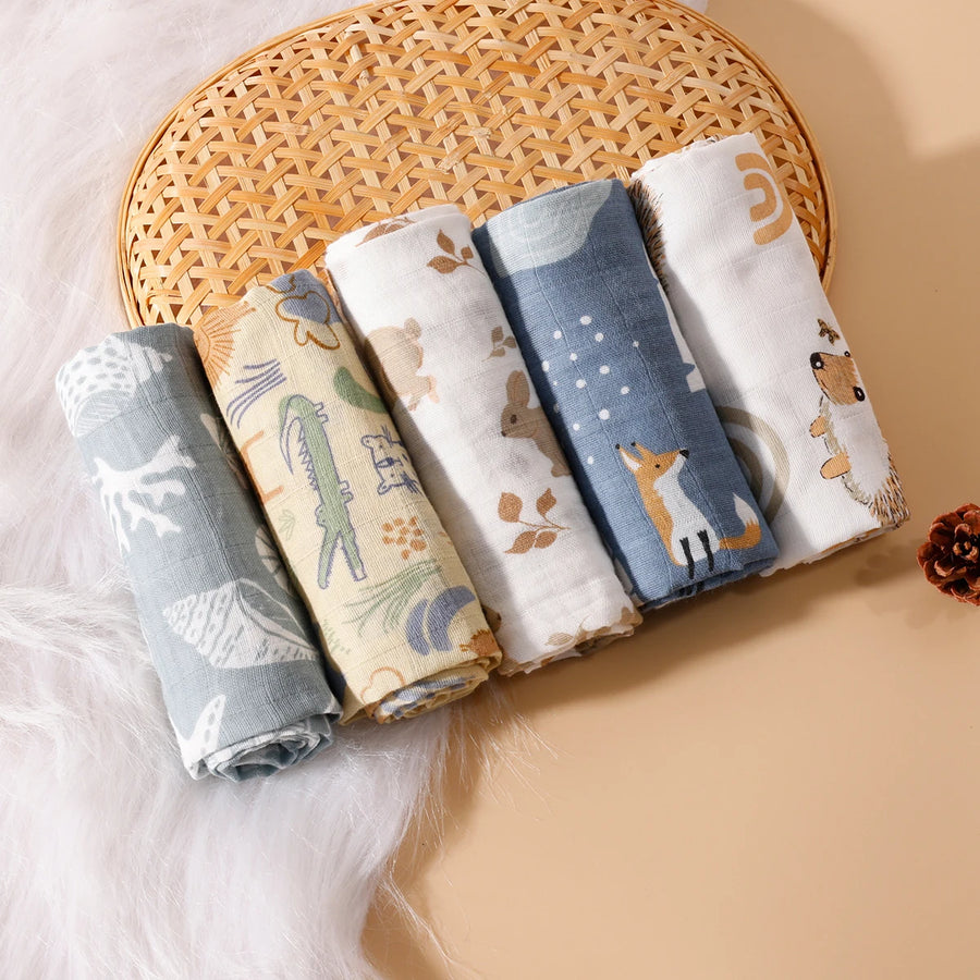 Cotton muslin baby burp cloths, five-pack