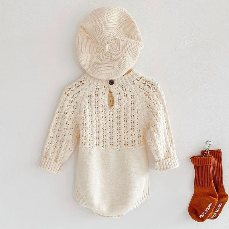 Long sleeve knit romper for baby girls, view 3