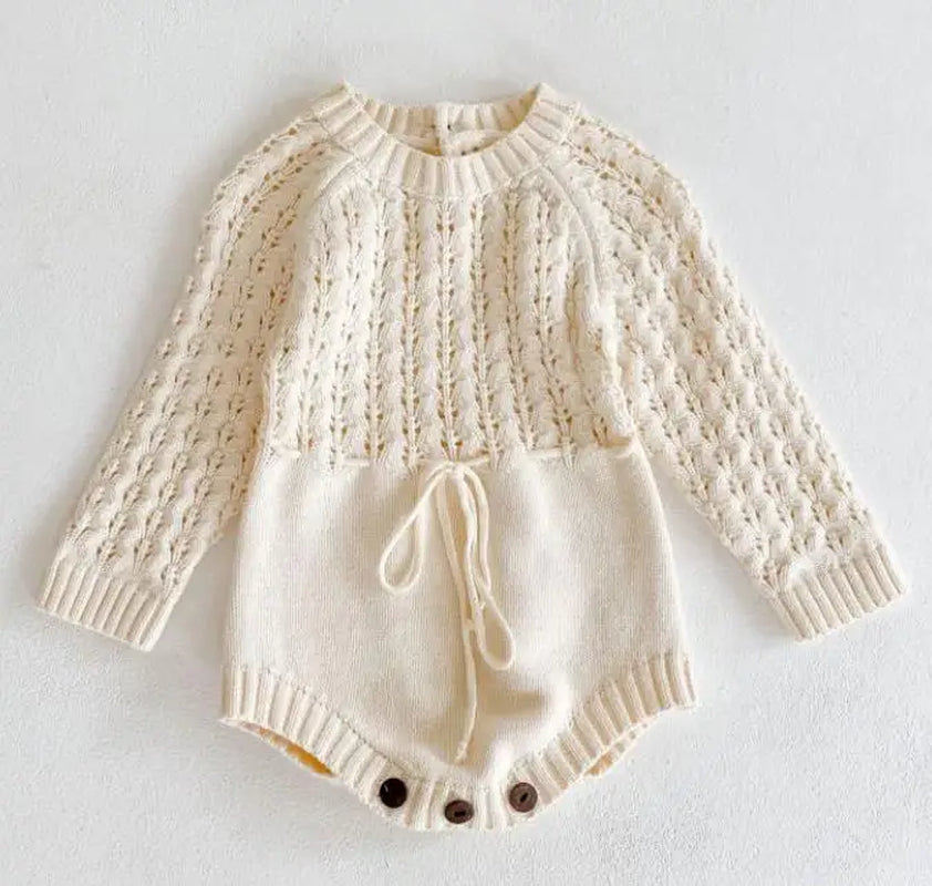 Charming Hollow Out Long Sleeve Knit Romper for Baby Girls - Perfect for Spring and Autumn