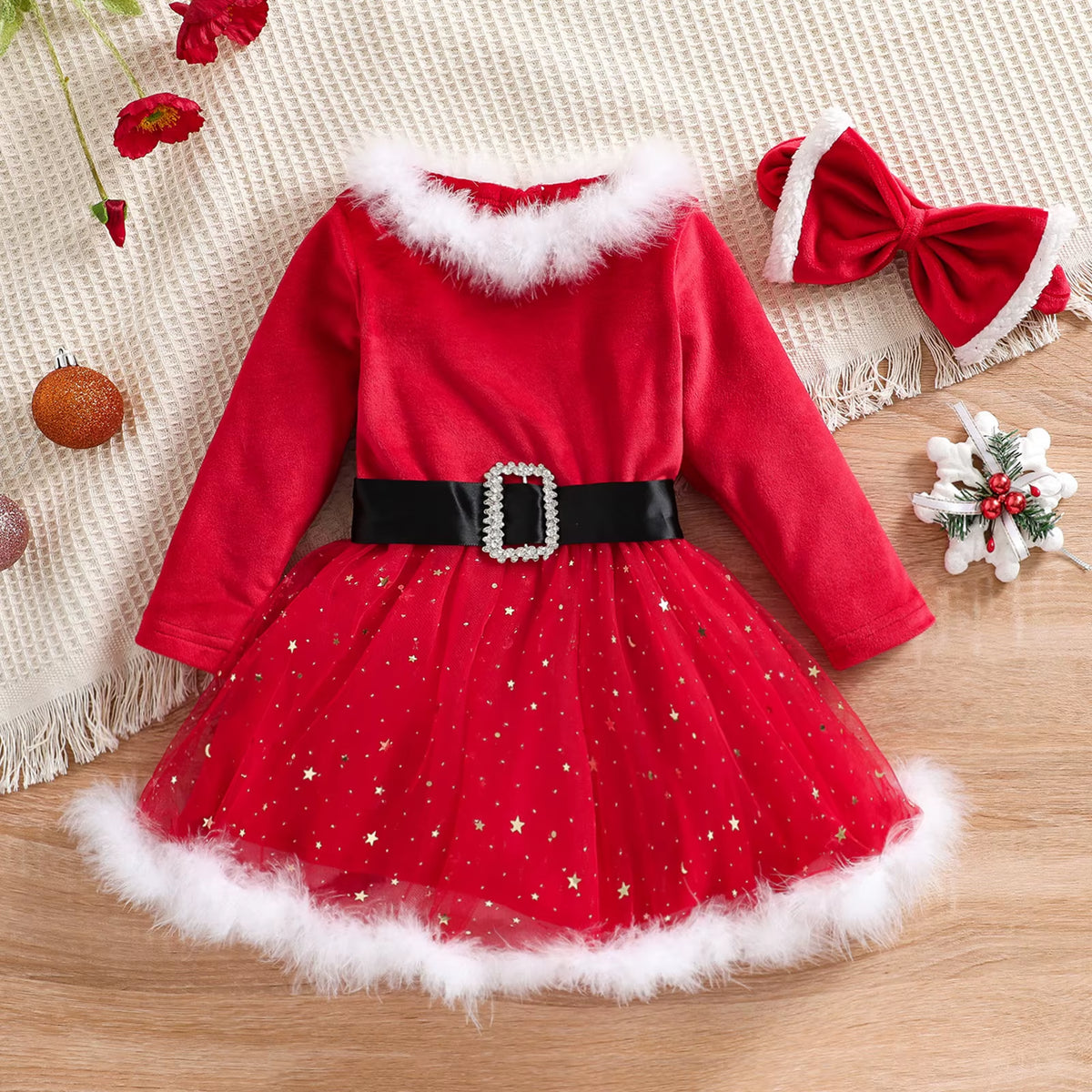Red Christmas princess dress with headband for toddler girls