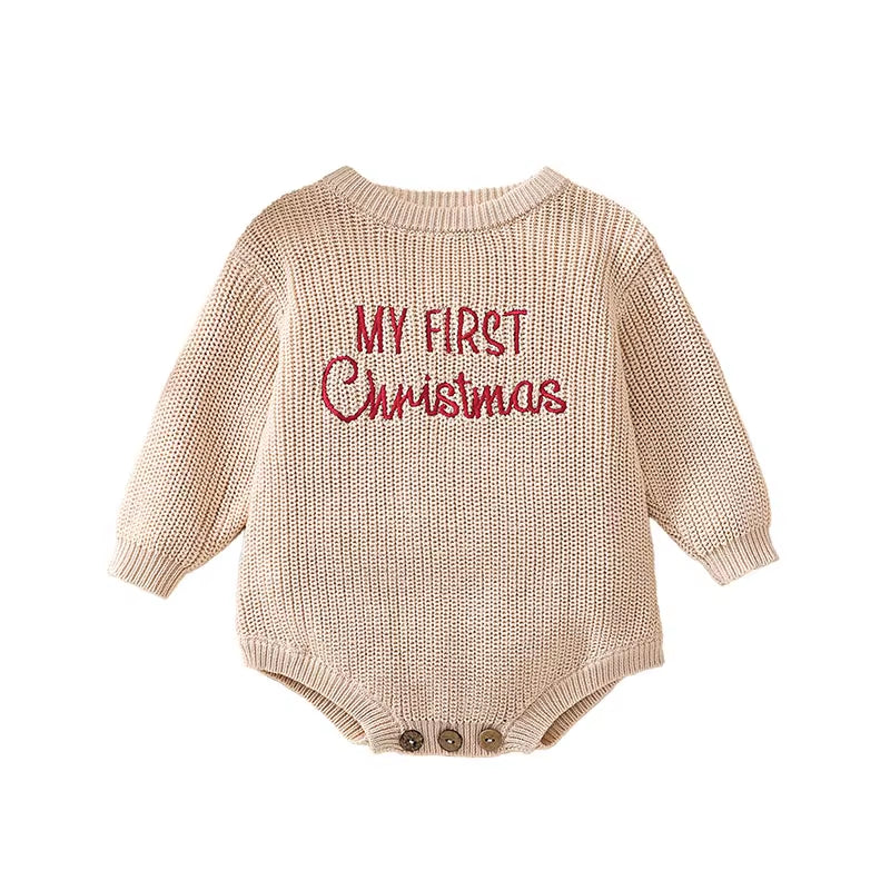 0-18M Newborn Baby Girl Boy Christmas Sweater Romper Letter Embroidery Long Sleeve Crew Neck Knit Bubble Jumpsuit