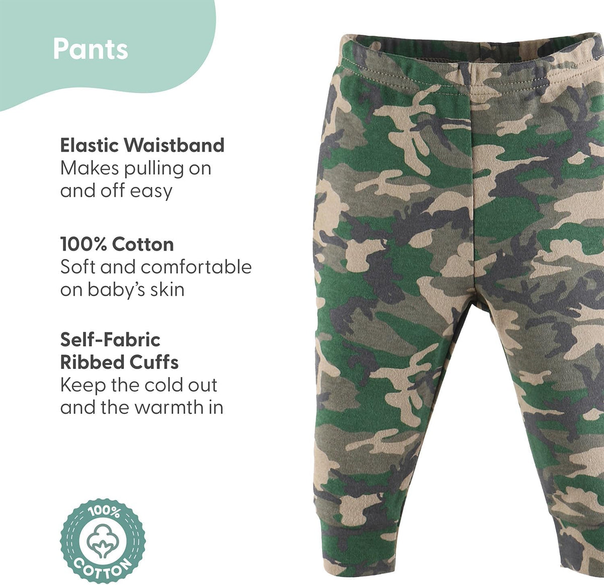 Dinosaur and camo print cotton baby pants, five-pack, view 3