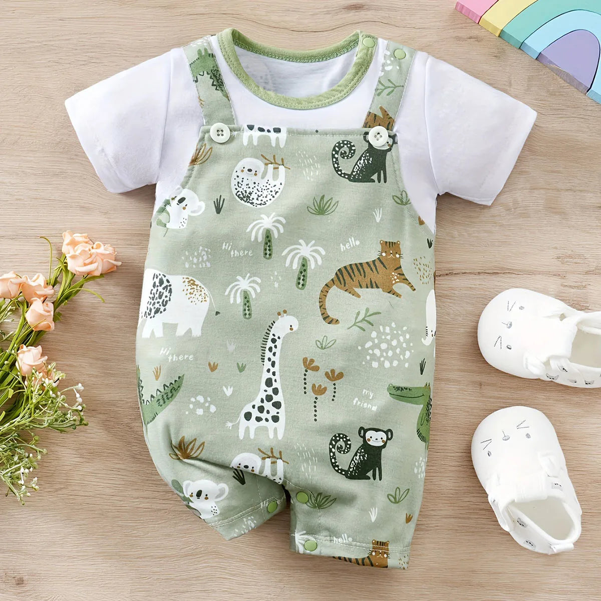 Zoo animal print short sleeve baby romper, view 2