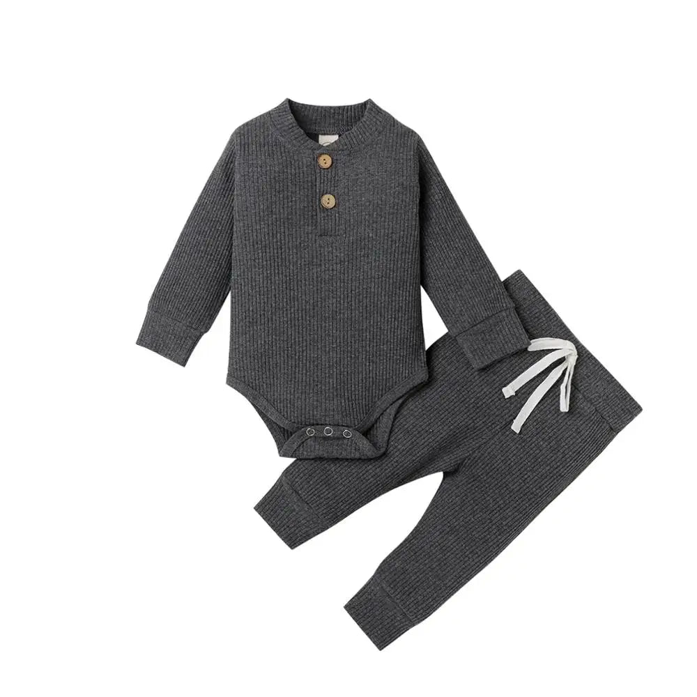 Adorable Infant Ribbed & Plaid 2-Piece Outfit Set for Boys & Girls - Long Sleeve Bodysuits with Elastic Pants for Spring & Autumn