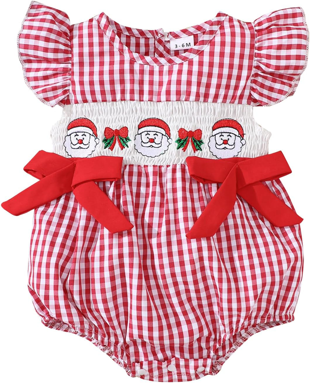 Newborn Girl Smocked Santa Romper Infant Baby Christmas Tree Embroidery Bubble Rompers Fly Sleeve Gingham Bodysuit
