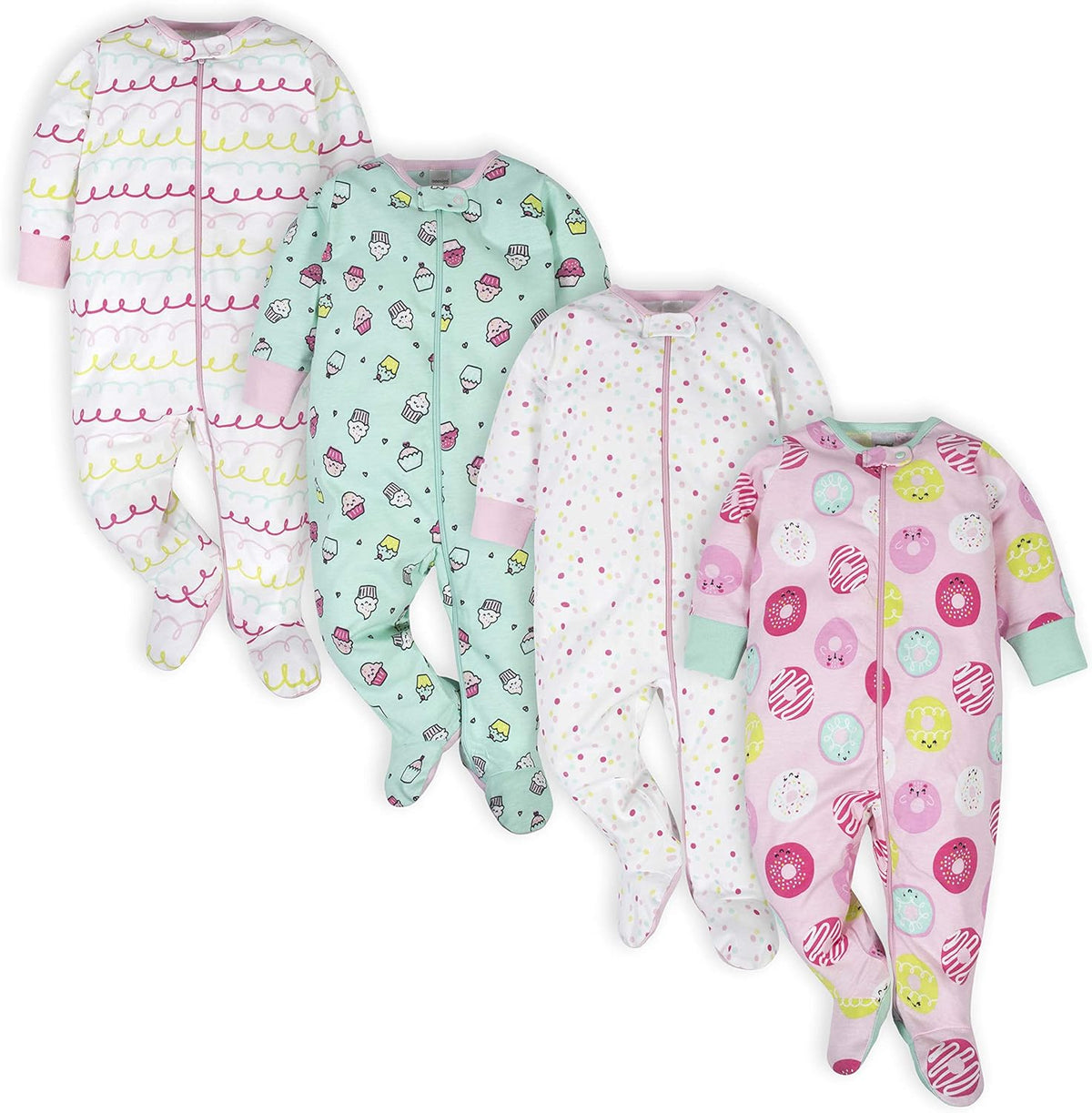 Baby girl sleep and play footies in assorted prints, four-pack