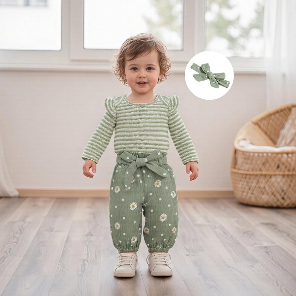 Rib knit baby romper with daisy pants and headband, view 2