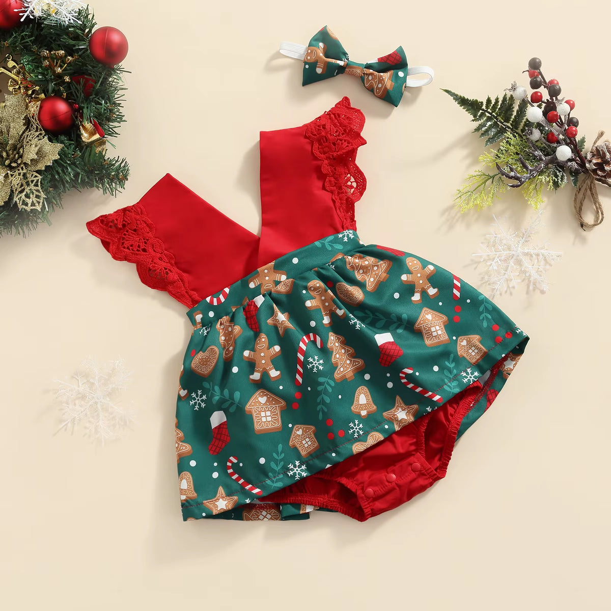 My First Christmas lace romper for baby girls, view 4