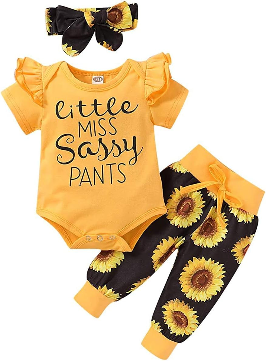 Baby girl ruffle romper with floral pants and headband