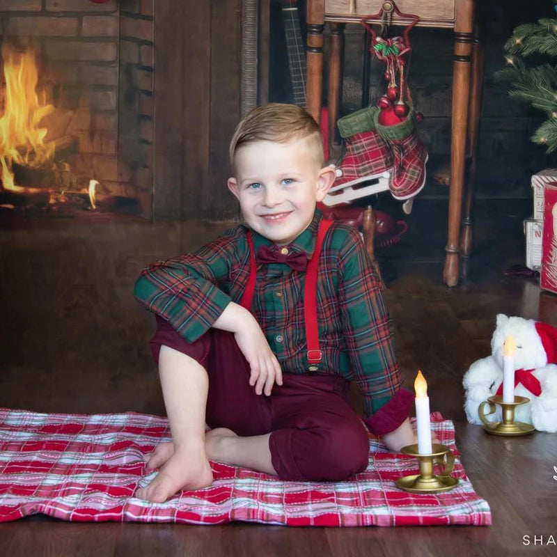 Boys plaid Christmas shirt, pants and suspender set, view 3