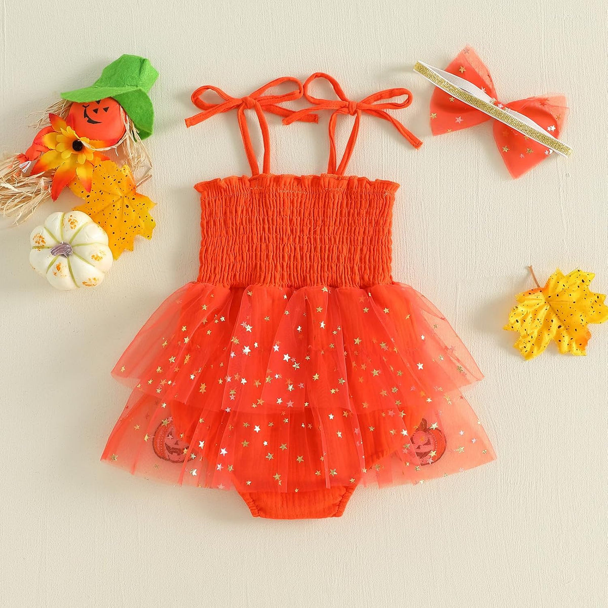 Pumpkin tutu romper dress for baby girls, view 6