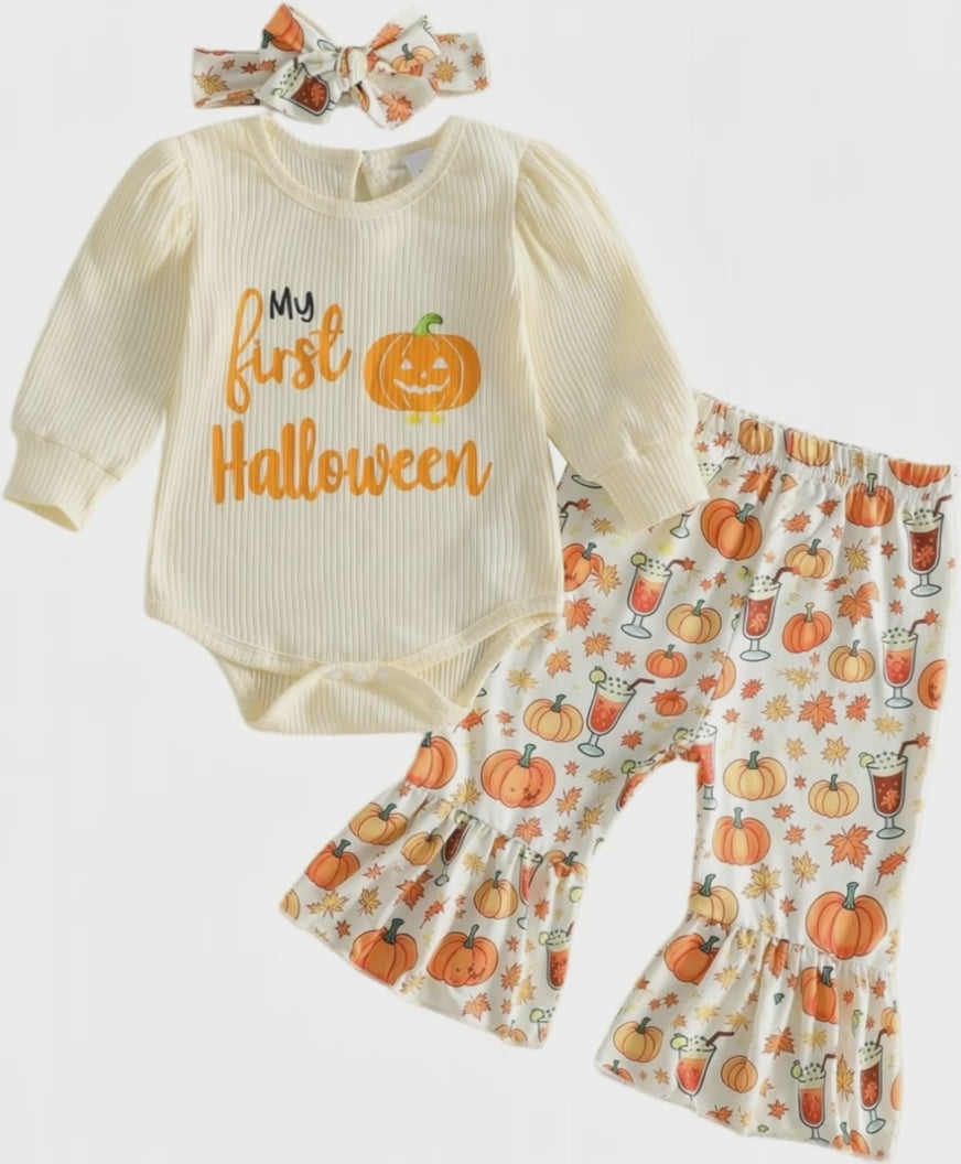 My First Halloween pumpkin romper and bell bottoms