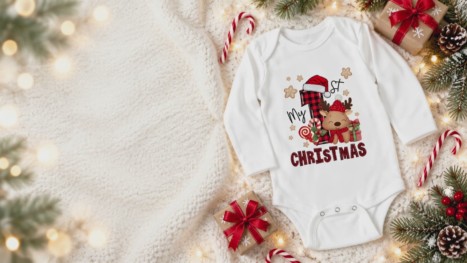My 1st Christmas reindeer romper with gifts and candy canes